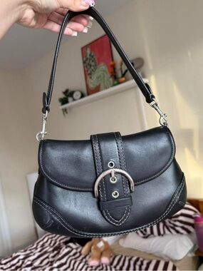 Coach Black Leather Shoulder Bag with Silver Buckle soho